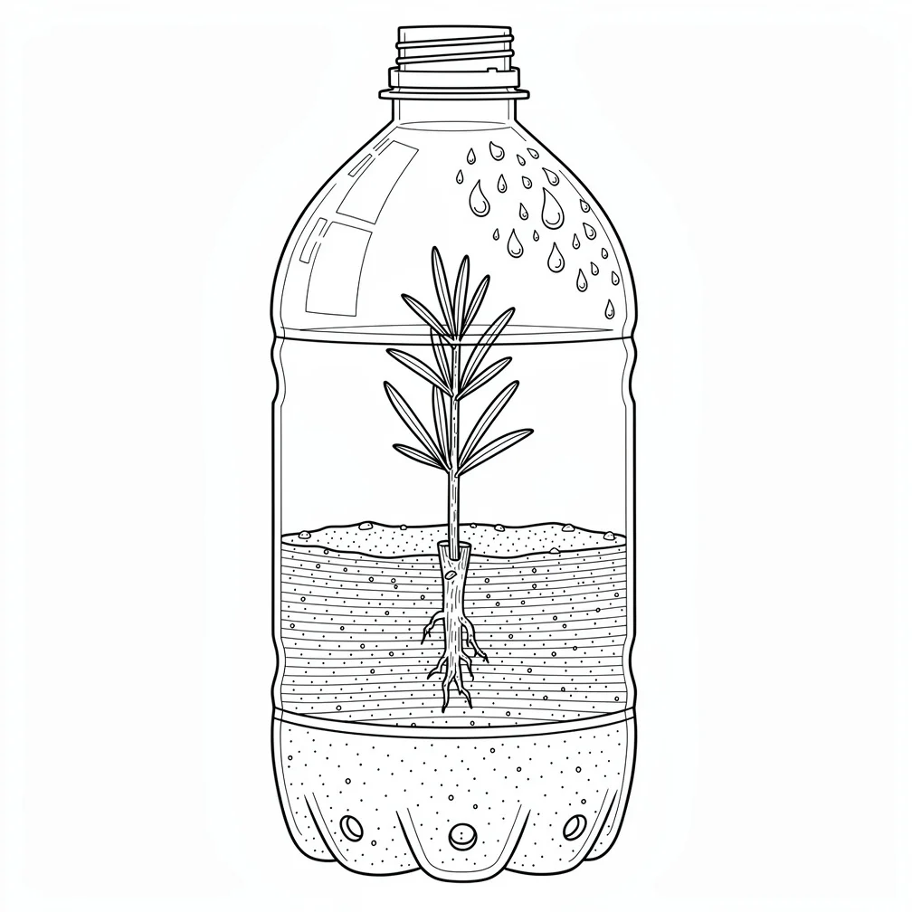Hand-drawn line-art cross-section diagram of a sand-and-bottle cutting propagator: vertical cutaway showing the lower bottle half filled with 8-10cm of coarse sand, drainage holes at the base, a single semi-hardwood herb cutting (rosemary-like) inserted with one buried node visible underground and two leaf pairs above, and the inverted bottle dome on top with cap removed. Show condensation droplets inside the dome. Fine-line ink illustration, no shading, no colour, plain white background, no text, no labels.