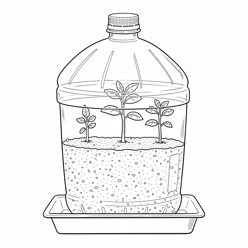 Hand-drawn line-art still life of a homemade cuttings propagator: a 1.5L PET plastic bottle cut horizontally near the shoulder, the bottom half acting as a wide cup filled with moist coarse sand, the top half inverted on top as a humidity dome with the cap removed. Three small herb cuttings inserted into the sand. Resting on a small drip tray. Fine-line ink illustration, no shading, no colour, plain white background, no text, no labels.