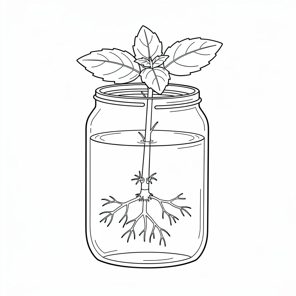 Hand-drawn line-art diagram of a basil cutting rooting in a glass jar of water: a single 12 cm stem with the lower leaves stripped off, two small leaves at the top, white roots emerging from the submerged stem nodes. Fine-line ink illustration, no shading, no colour, plain white background, no text, no labels.