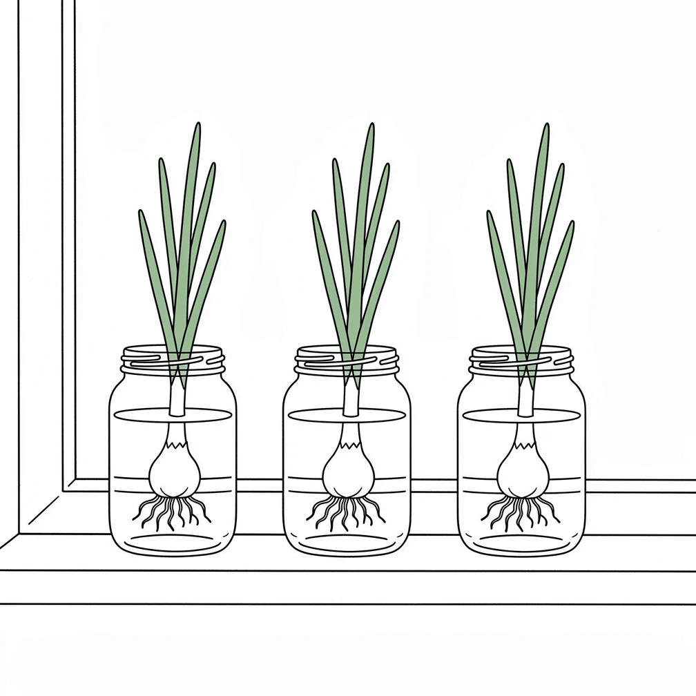 Hand-drawn line-art still life of three small glass jars on a kitchen windowsill, each holding the cut-off white root base of a scallion (spring onion) standing in a shallow water level, with new green leaves sprouting upward from the centre. Fine-line ink illustration, no shading, no colour, plain white background, no text, no labels.