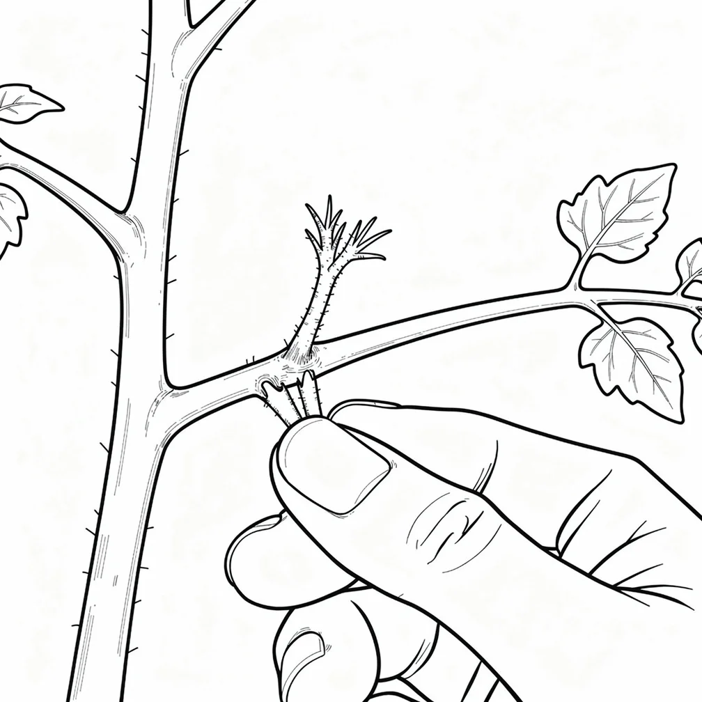 Hand-drawn line-art botanical diagram of a tomato plant axil: main stem on the left, a horizontal side branch on the right, and a small upward 'sucker' shoot emerging from the angle between them. A pair of fingers pinching the sucker at its base. Fine-line ink illustration, no shading, no colour, plain white background, no text, no labels.